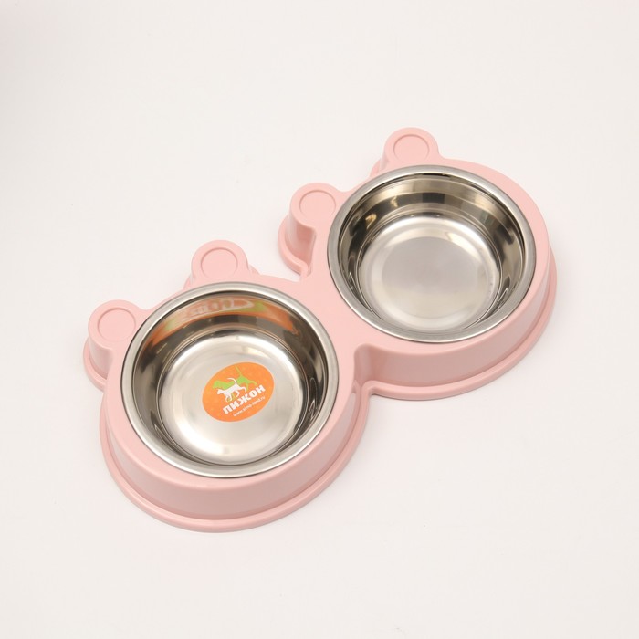 Миска двойная, 27.8×15.5×4 см, на пластиковой основе, металл, розовая