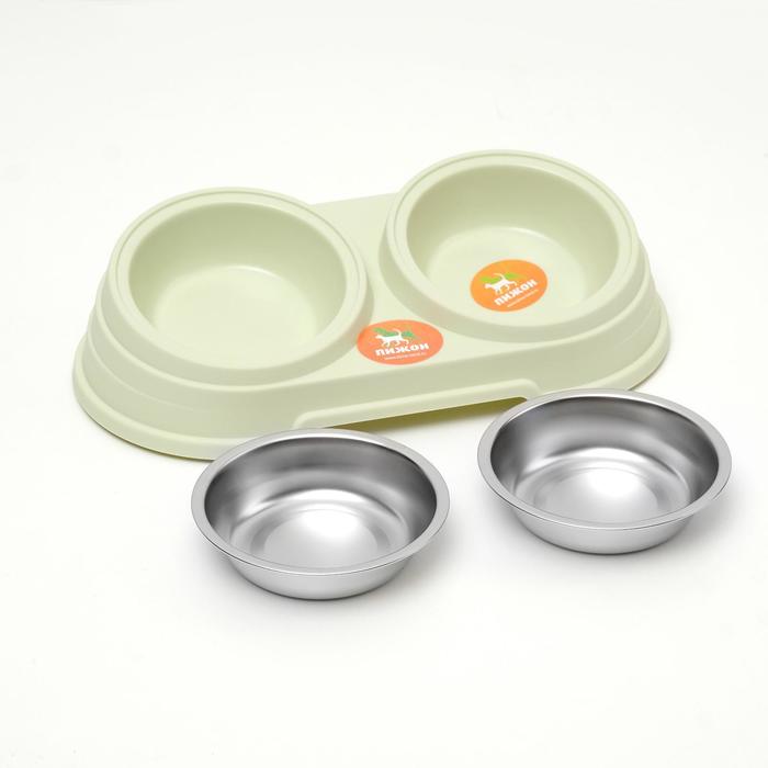 Миска металлическая двойная наклонная на пластиковом основании, 28.5×15×7 см, зелёная