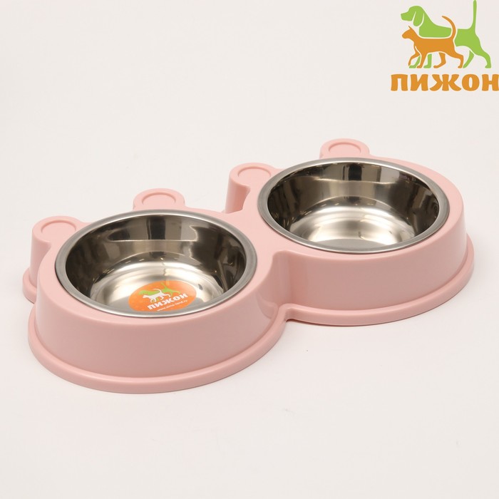 Миска двойная, 27.8×15.5×4 см, на пластиковой основе, металл, розовая
