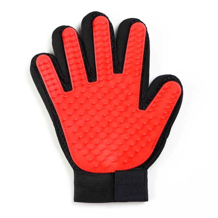 Перчатка-щётка для шерсти, на правую руку, с удлинёнными зубчиками, красная