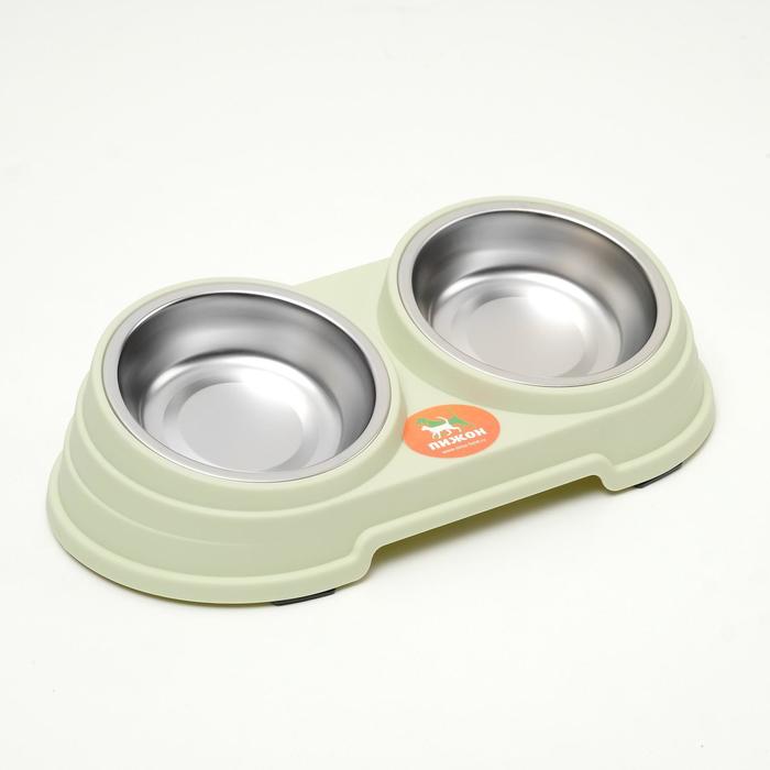 Миска металлическая двойная наклонная на пластиковом основании, 28.5×15×7 см, зелёная