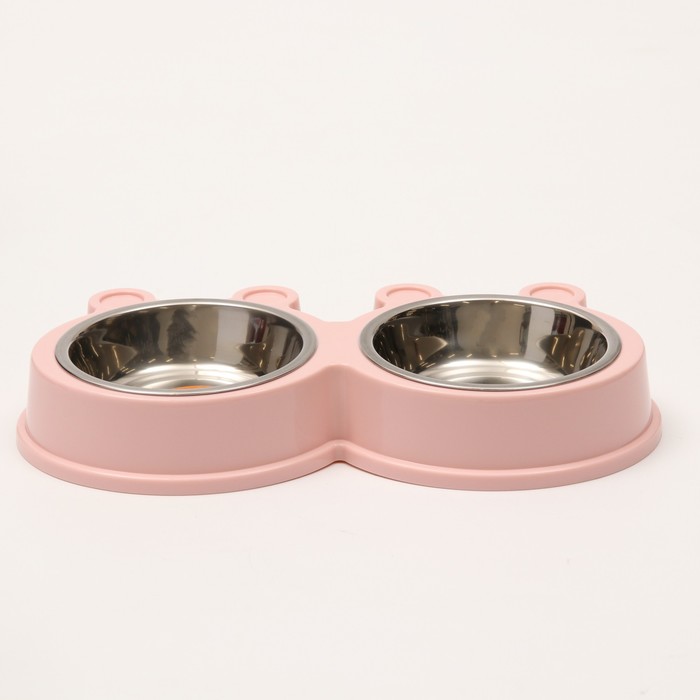 Миска двойная, 27.8×15.5×4 см, на пластиковой основе, металл, розовая