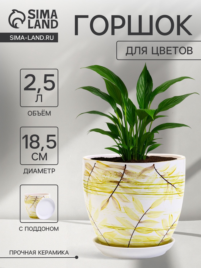 Горшок для цветов «Тропики », 2.5 л, d=18.5 см, h=16 см, с поддоном, керамика, белый