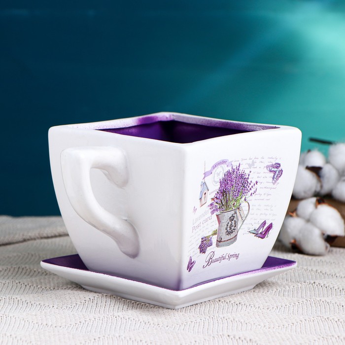 Декоративный горшок для цветов «Прованс», 800 мл, 17×13×11 см, керамика, с поддоном, белый, сиреневый, Greengo
