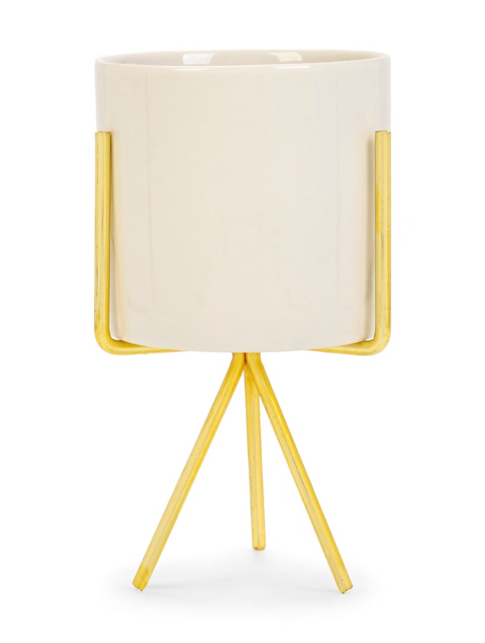 Кашпо для цветов «Цилиндр», 300 мл, 15×8×8 см, керамика, на золотистой подставке, белое