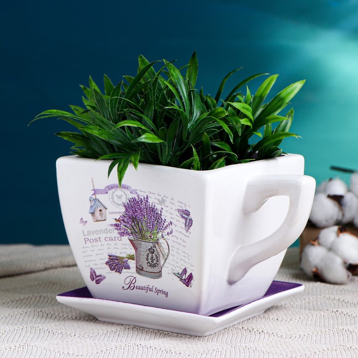 Декоративный горшок для цветов «Прованс», 800 мл, 17×13×11 см, керамика, с поддоном, белый, сиреневый, Greengo