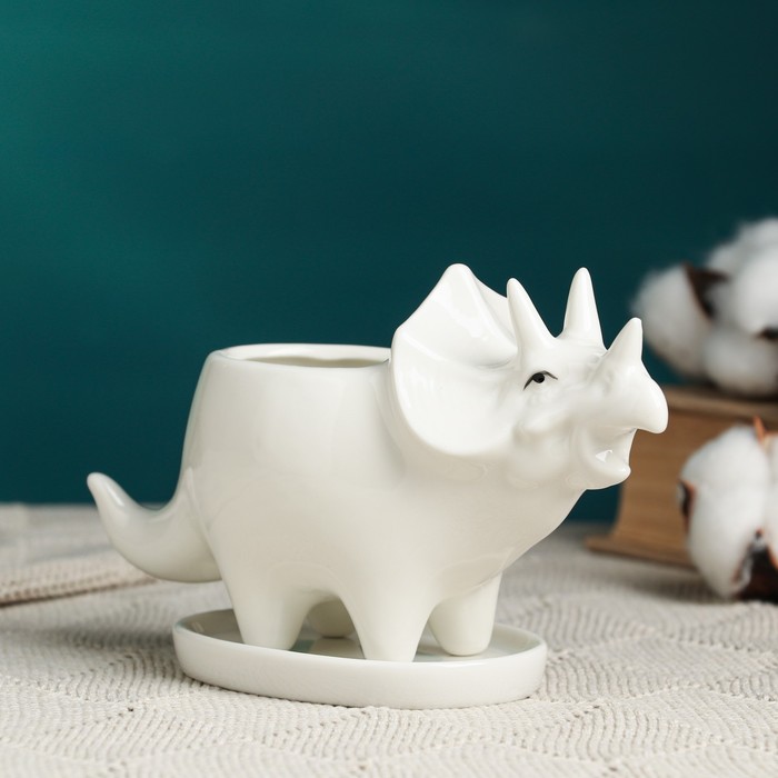 Декоративный горшок для цветов «Трицератопс», 150 мл, 15.7×6.2×9.1 см, керамический, с поддоном, белый, Greengo