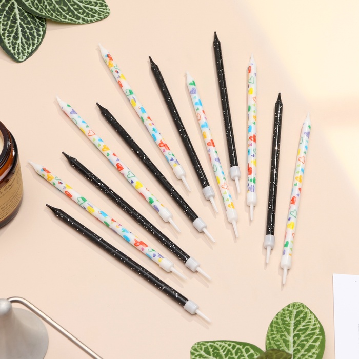 Свечи для торта «Сердца», 12 шт., черные и белые