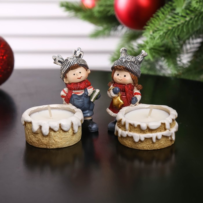 Фигурка-подсвечник со свечой «Мальчик. Девочка в шапочке-зверька», 7.2×8×5.2 см, МИКС
