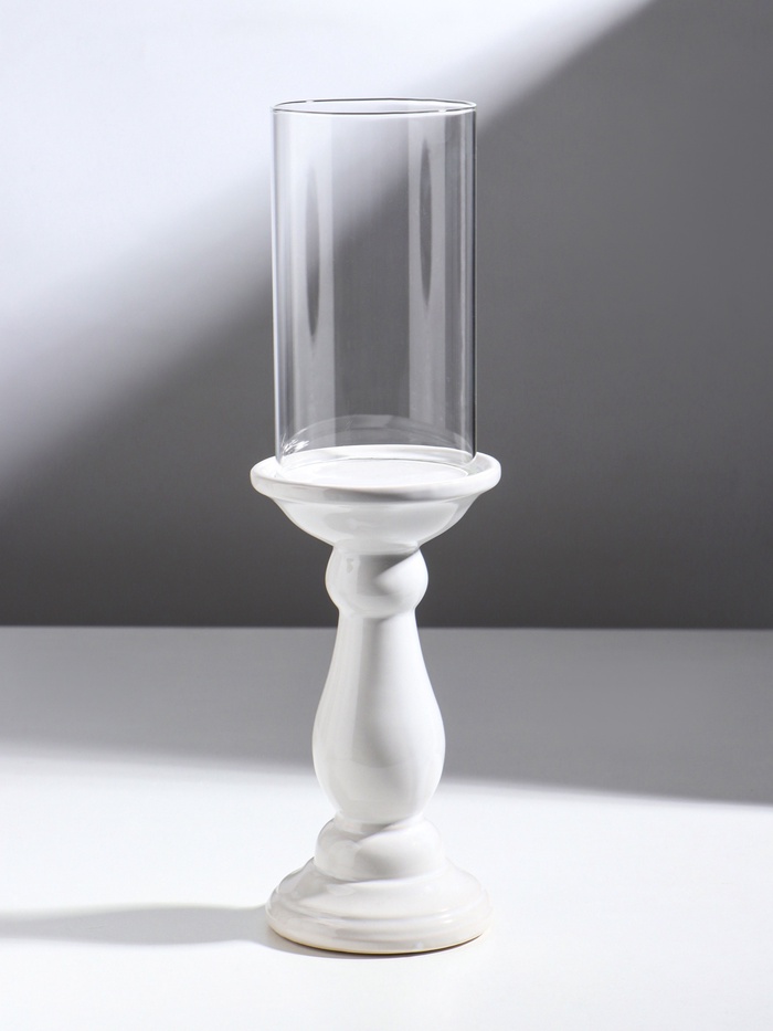 Подсвечник на 1 свечу «Магистр», керамика, стекло, d=8 см, белый, 9.5×9.5×32 см