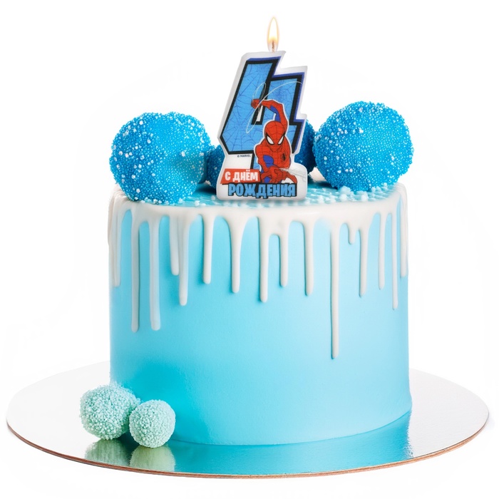 Свеча в торт «С Днем рождения», цифра 4, Человек-паук, 8.5×5 см