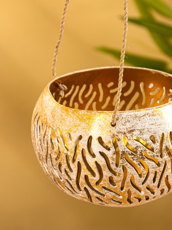 Подсвечник подвесной из кокоса, 9-12 см, золотисто-белый