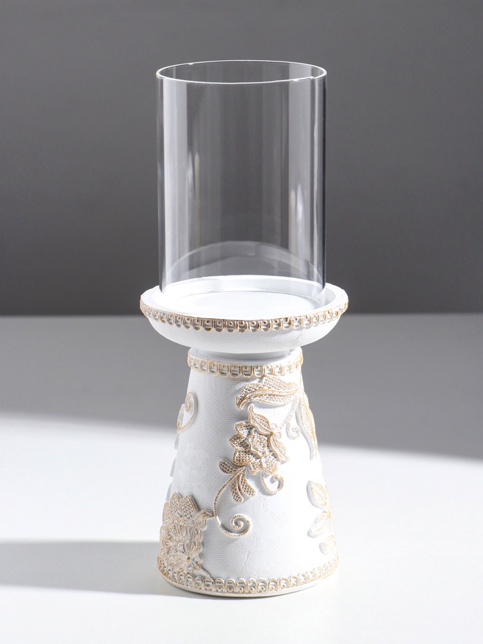 Подсвечник на 1 свечу «Цветение. Кружево», полистоун, белая с золотой патиной, 9.5×9.5×24.2 см