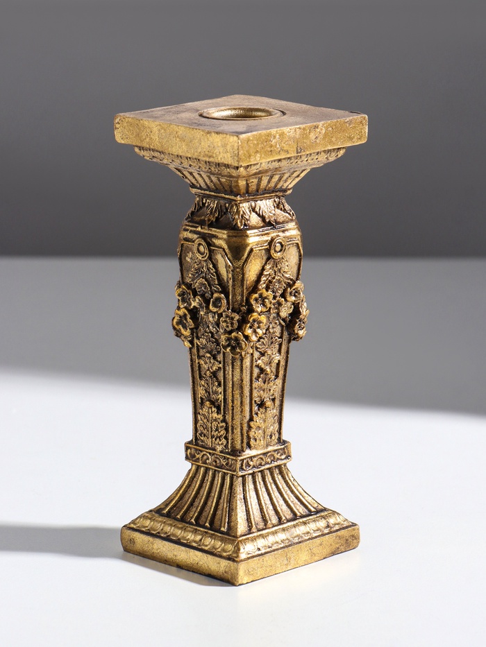 Подсвечник на 1 свечу «Римская колонна с цветами», полистоун, состаренное золото, 7×7×17 см