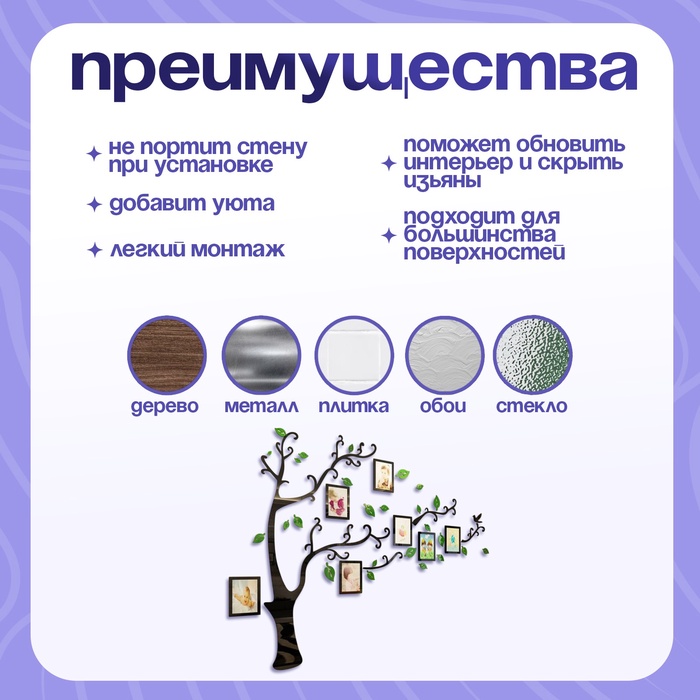 Наклейка интерьерная с фоторамками TAKE IT EASY «Семейное дерево», декор на стену, панно 110×140 см