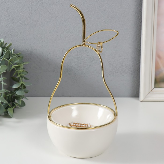 Подставка для мелочей «Груша», керамика, металл, белая с золотом, 13×13×25.5 см