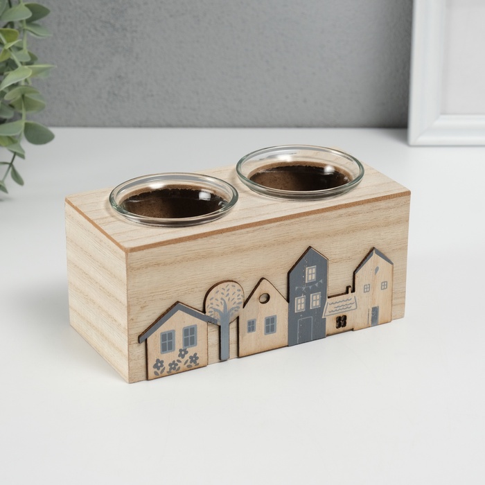 Деревянный подсвечник на 2 свечи «Домики», d=4 см, 7.7×15.5×8 см