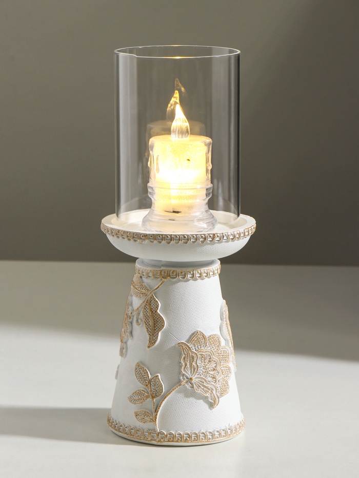Подсвечник на 1 свечу «Цветение. Кружево», полистоун, белая с золотой патиной, 9.5×9.5×24.2 см