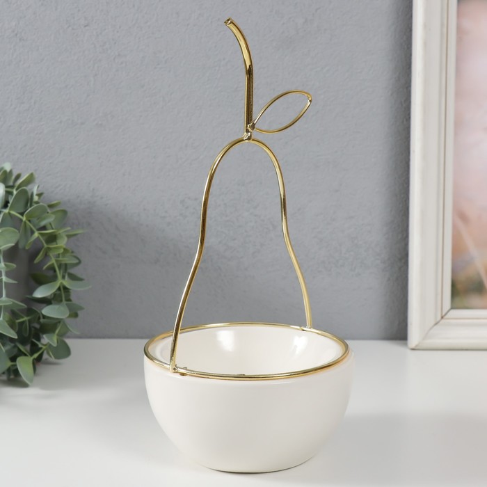 Подставка для мелочей «Груша», керамика, металл, белая с золотом, 13×13×25.5 см