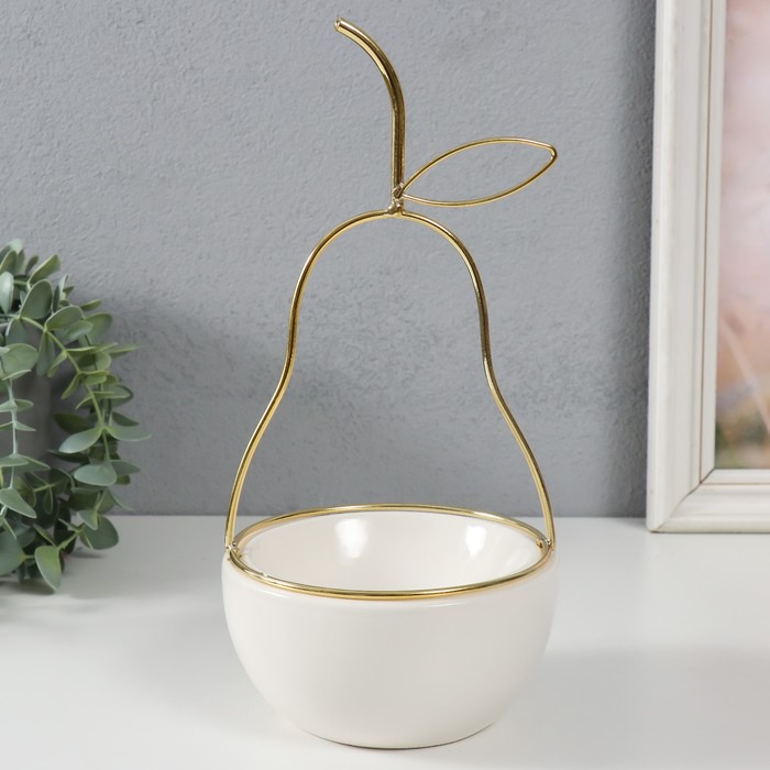 Подставка для мелочей «Груша», керамика, металл, белая с золотом, 13×13×25.5 см