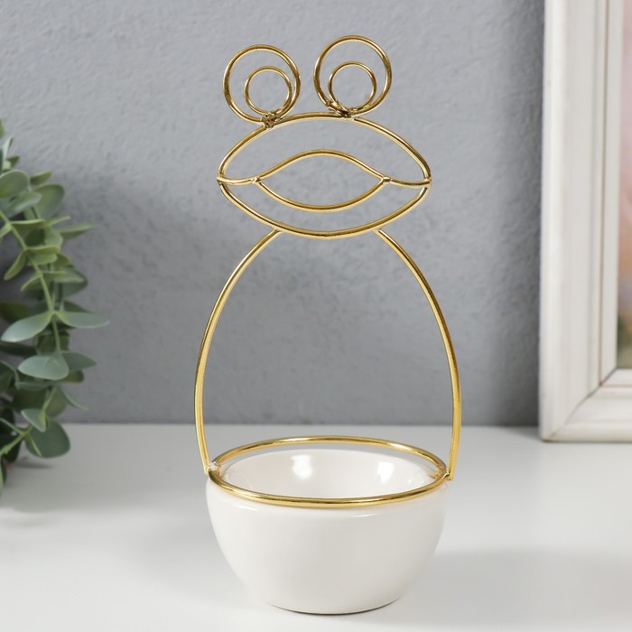 Подставка для мелочей «Лягушонок», керамика, металл, белая с золотом, 9×8×18 см