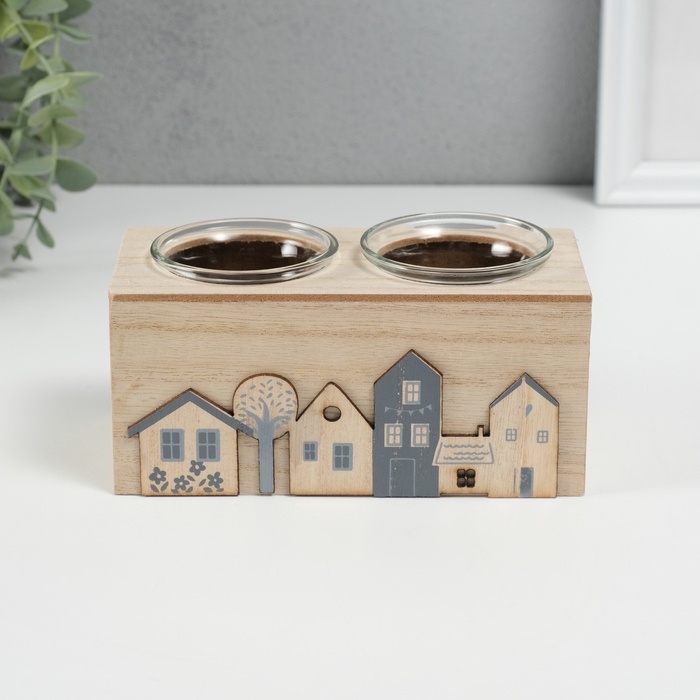 Деревянный подсвечник на 2 свечи «Домики», d=4 см, 7.7×15.5×8 см