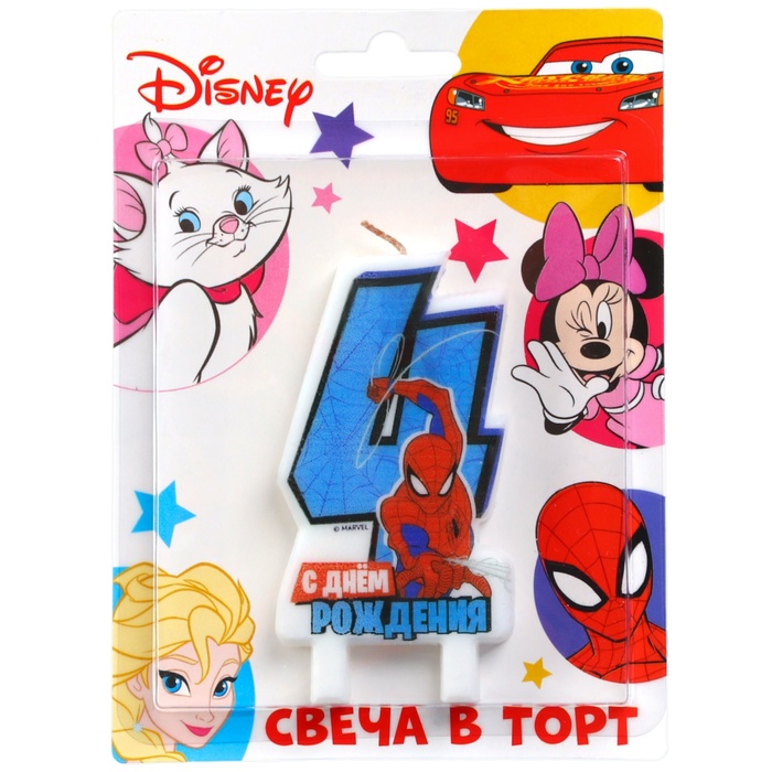 Свеча в торт «С Днем рождения», цифра 4, Человек-паук, 8.5×5 см