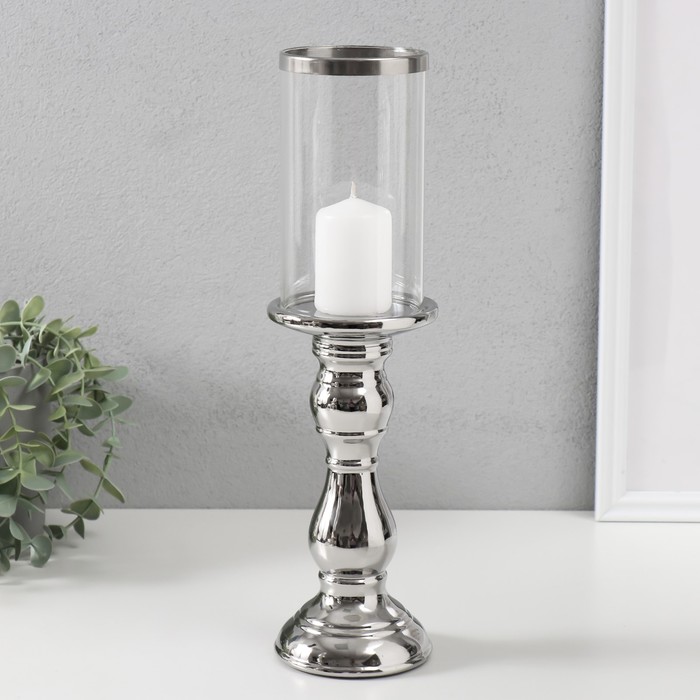 Подсвечник на 1 свечу «Лира», керамика, стекло, d=8 см, серебро, 9.3×9.3×34 см