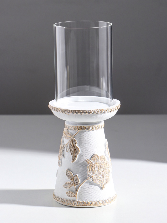 Подсвечник на 1 свечу «Цветение. Кружево», полистоун, белая с золотой патиной, 9.5×9.5×24.2 см