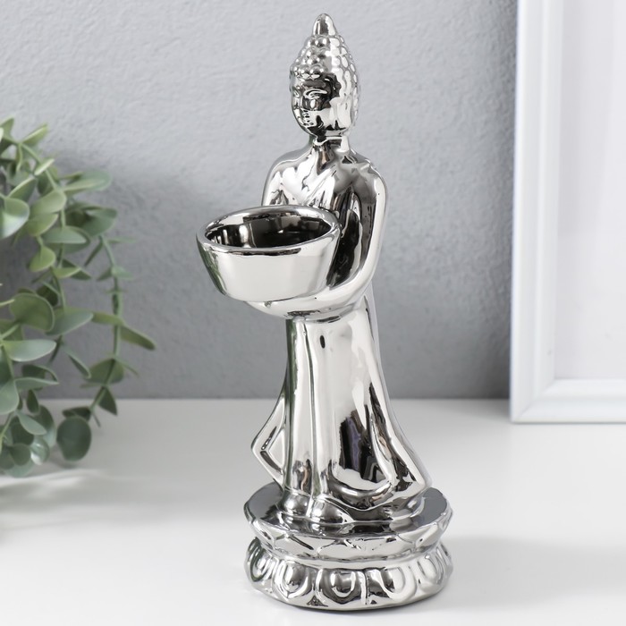 Подсвечник на 1 свечу «Будда», d=4 см, серебро, 8×11×22.5 см