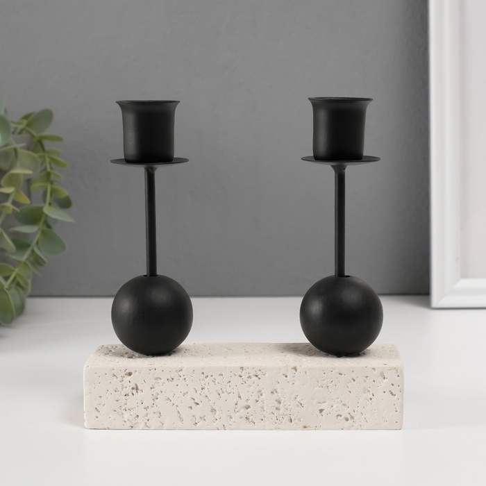 Подсвечник на 2 свечи «Два шарика», гипс, металл, d=2.5 см, 5.4×15×15 см