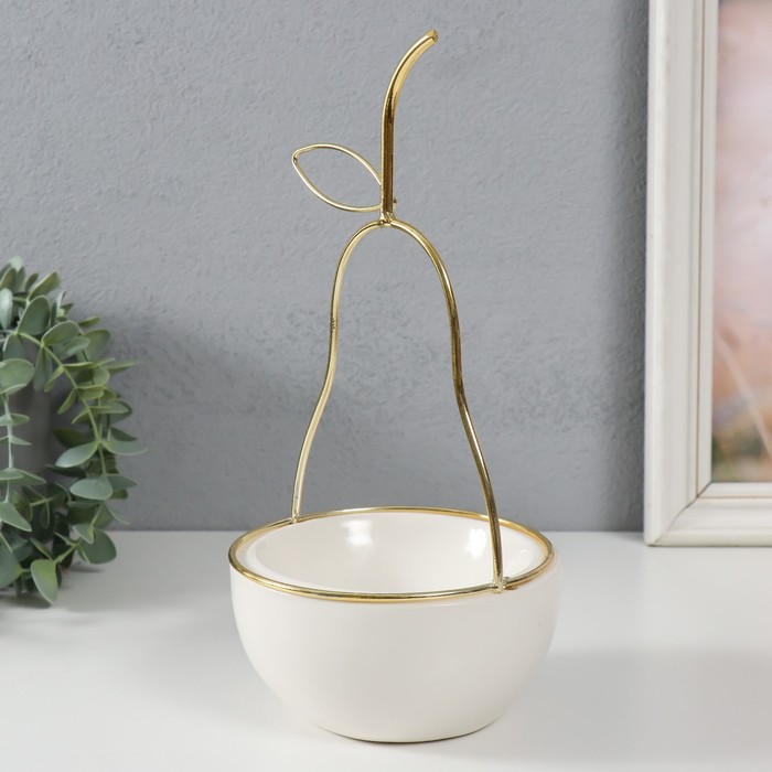 Подставка для мелочей «Груша», керамика, металл, белая с золотом, 13×13×25.5 см