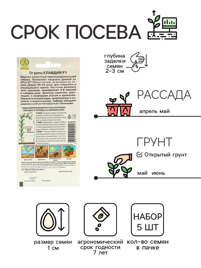 Семена Огурец «Клавдия», F1, раннеспелый, партенокарпический, набор 5 шт., «Мой выбор»