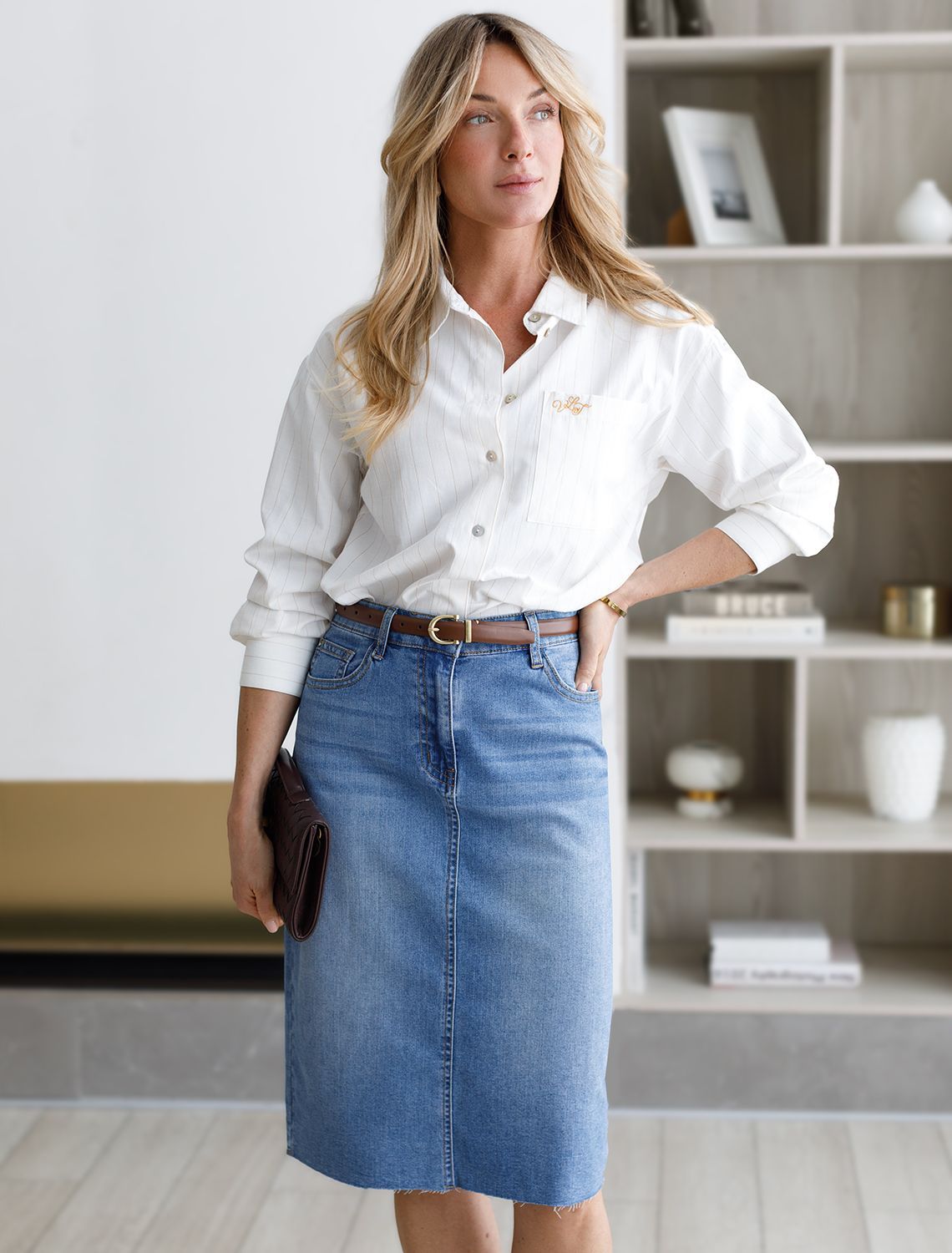 Джинсовая юбка с декоративной стиркой из эластичного облегченного денима