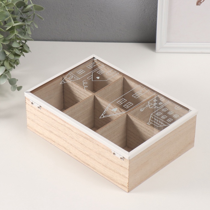 Шкатулка для украшений 6 делений «Домики», дерево, 16×24×7.5 см