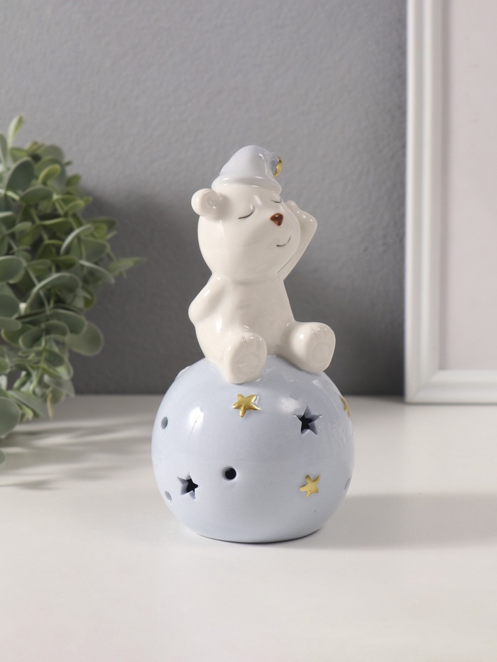 Фигурка светящаяся «Медвежонок в голубом колпаке на шаре со звёздами», керамика, 8×8×15 см