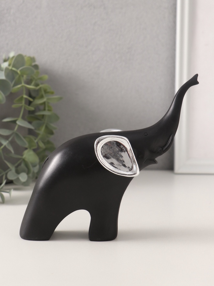 Фигурка «Чёрный слон с серебряными ушками хобот вверх», полистоун, 15×5×14 см