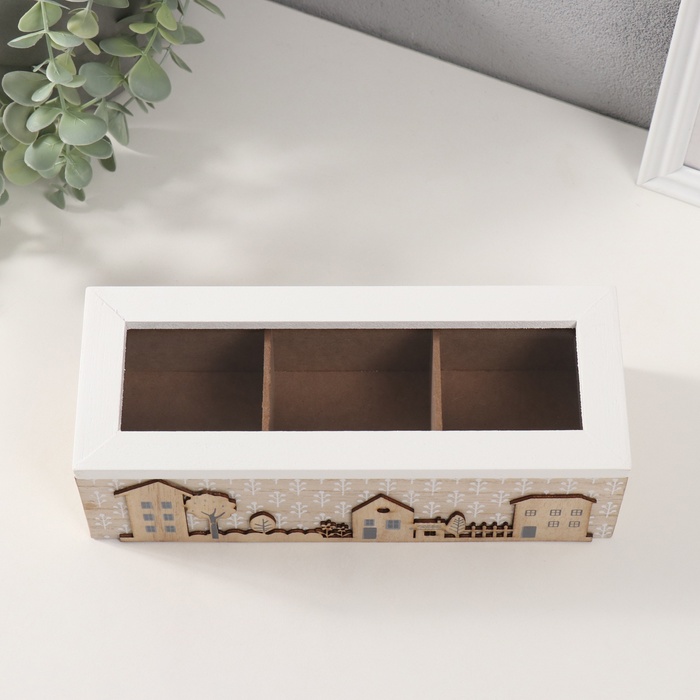 Шкатулка для чая 3 деления «Домики и деревья», дерево, 9×23.4×7.2 см