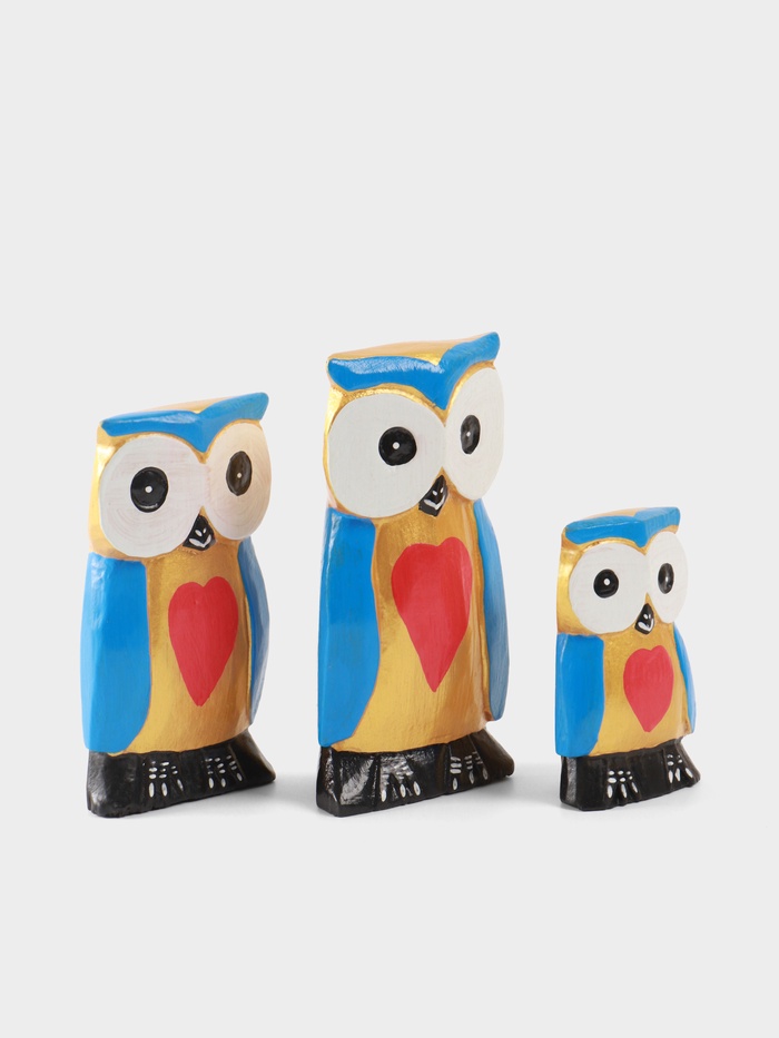 Набор сувенирный «Совята с сердечком», h=15 см, h=13 см, h=11 см, дерево, голубой с золотом