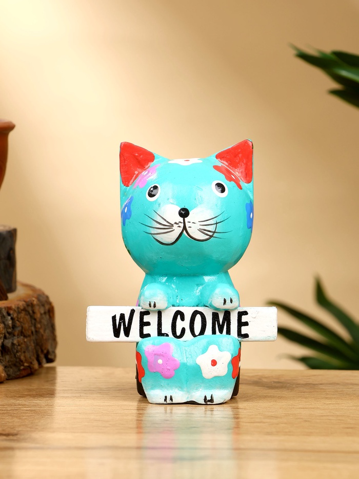 Сувенир «Кот с табличкой WELCOME», 8×5×10 см, дерево, бирюзовый