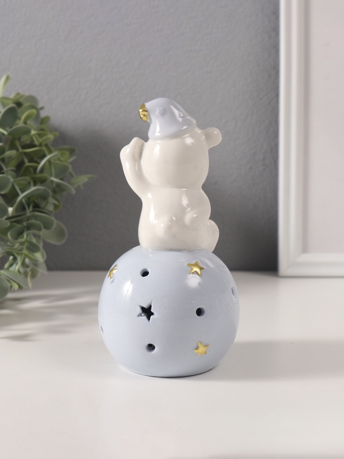 Фигурка светящаяся «Медвежонок в голубом колпаке на шаре со звёздами», керамика, 8×8×15 см