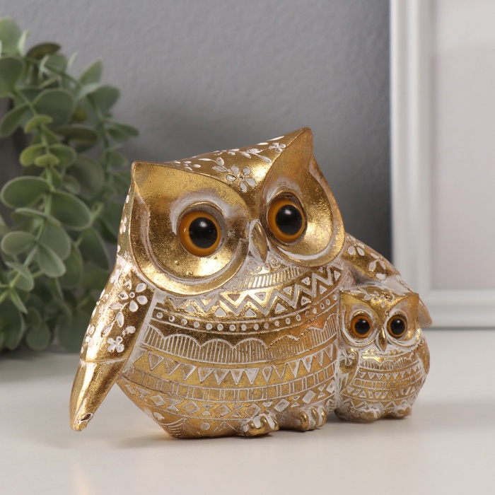 Фигурка полистоун «Золотой филин с птенцом», геометрические узоры, 15.2×6×11 см