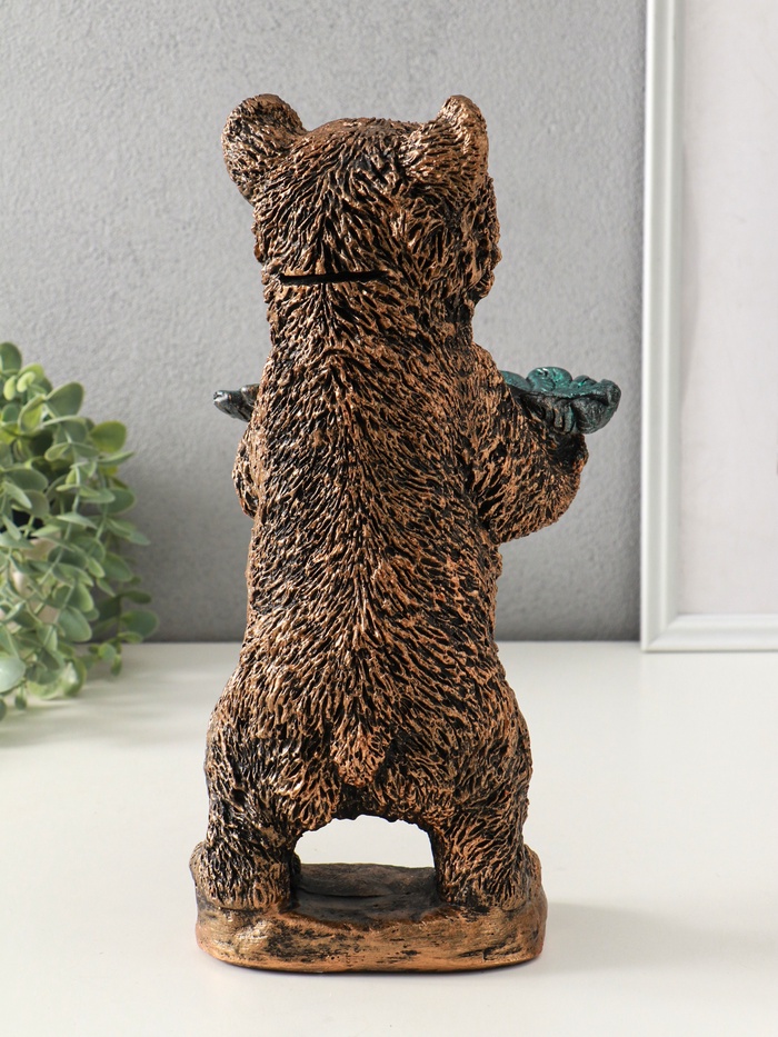 Копилка для денег с подставкой для мелочей «Мишка с листком», гипс, 34×18 см, бронза с серебром