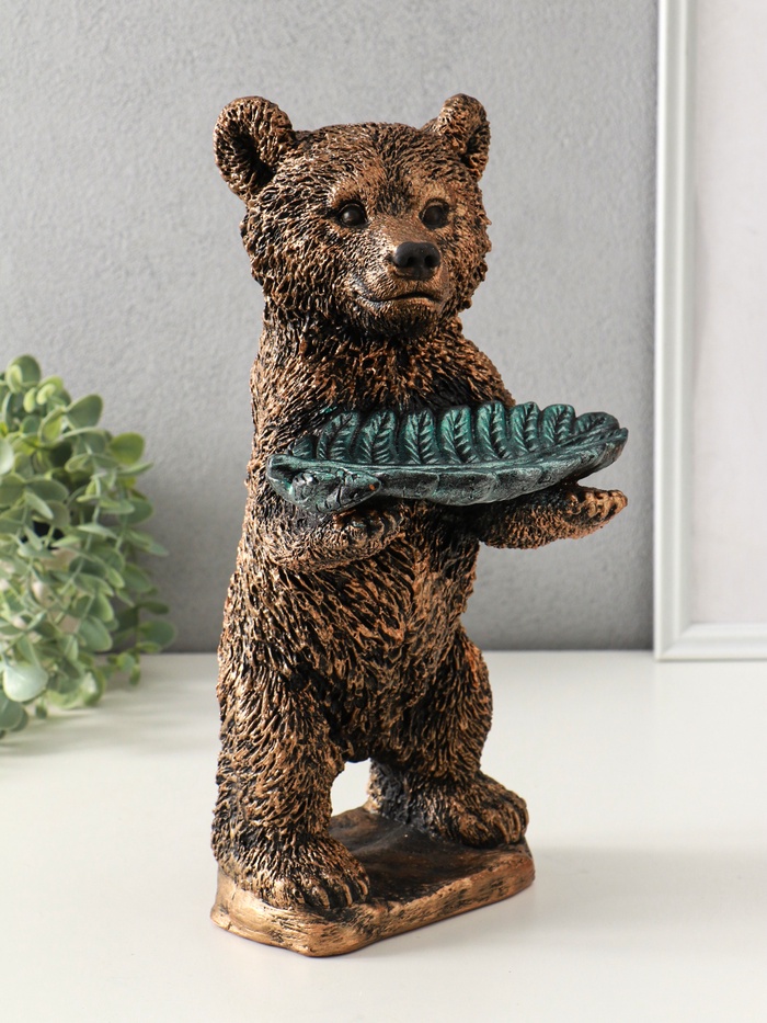 Копилка для денег с подставкой для мелочей «Мишка с листком», гипс, 34×18 см, бронза с серебром