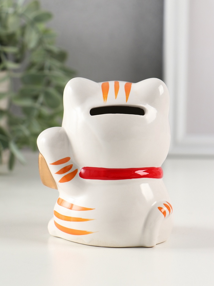 Копилка для денег «Манэки-нэко - иероглиф удача», керамика, оранж, 7.2×8.3×10 см