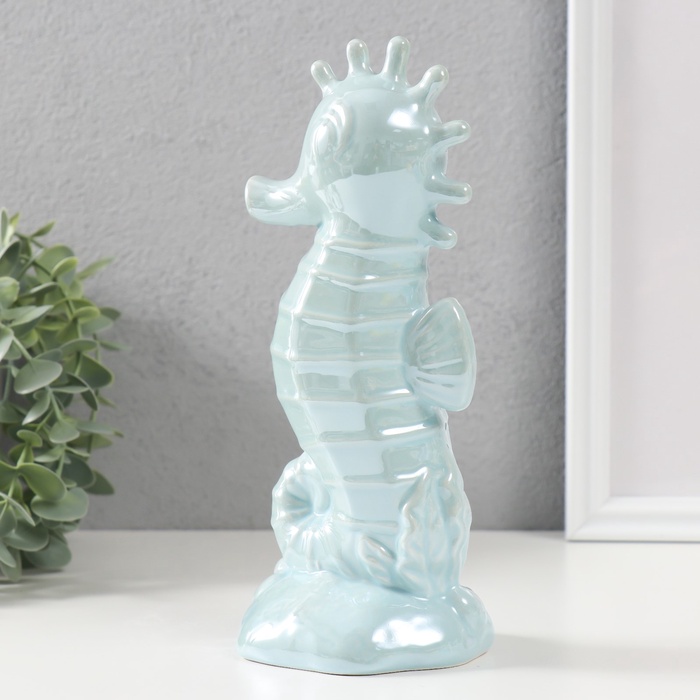 Копилка для денег «Морской конёк», керамика, голубой перламутр, 9.5×8.2×21 см