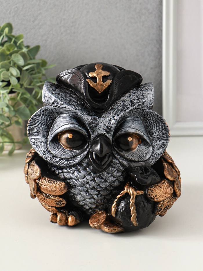 Копилка для денег «Сова в треуголке», гипс, 18×17 см, под бронзу с серебром