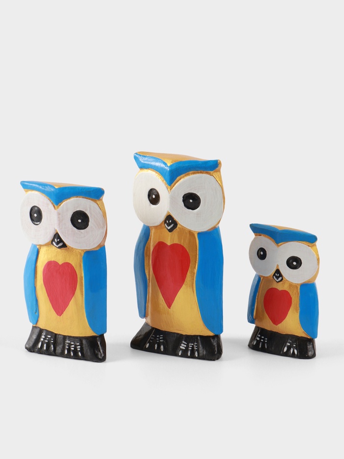 Набор сувенирный «Совята с сердечком», h=15 см, h=13 см, h=11 см, дерево, голубой с золотом