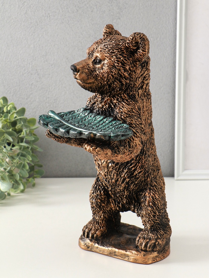 Копилка для денег с подставкой для мелочей «Мишка с листком», гипс, 34×18 см, бронза с серебром