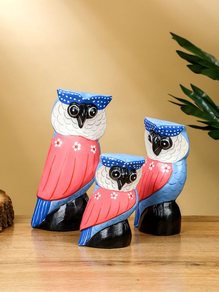 Набор сувенирный «Совы», h=18 см, h=14 см, h=11 см, дерево, розово-синий